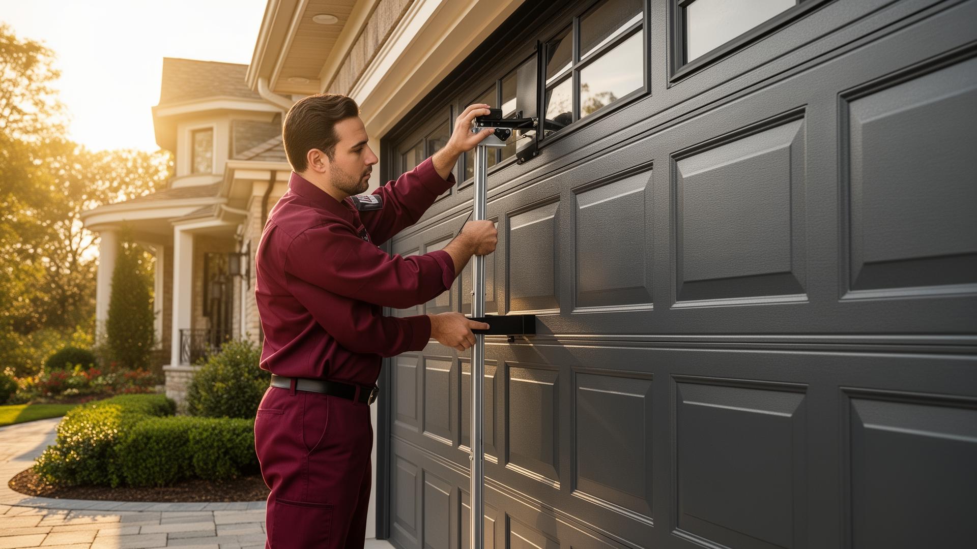 Professional garage door technician installing a modern garage door